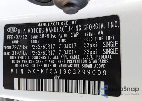 2012 Kia Sorento Lx z USA, uszkodzony, nr VIN 5XYKT3A19CG299009